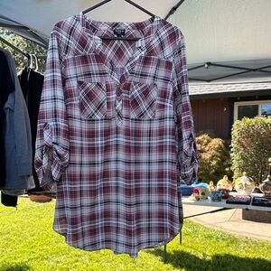 Trendy Plaid Blouse - Burgundy and White
